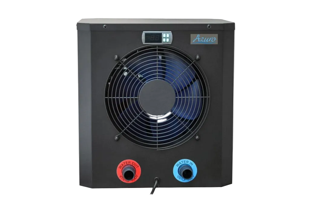 Black pool heat pump with a fan and digital control panel on a white background.