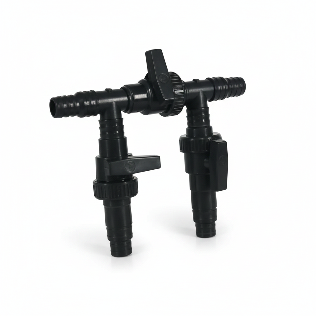A black plastic T-bar hose connector with two threaded outlets and a central swivel joint, shown on a plain white background.