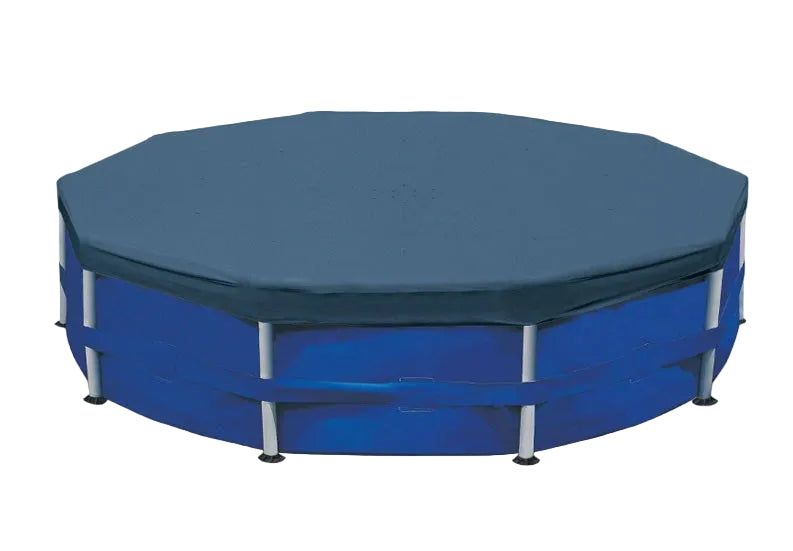 Blue above-ground pool with a cover on a white background