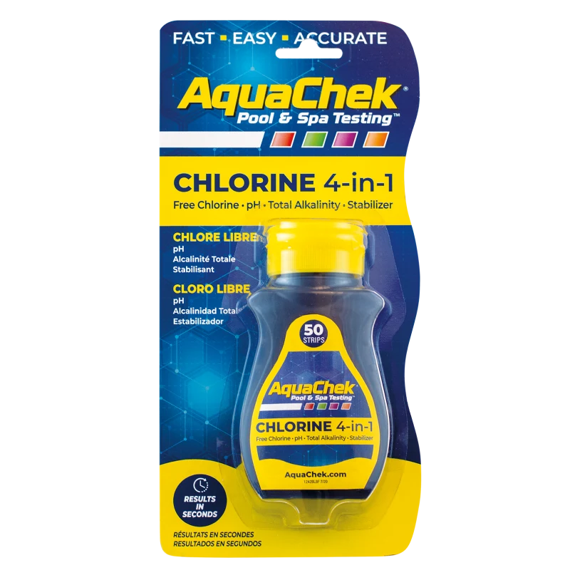 AquaChek pool and spa testing kit packaging for chlorine 4-in-1 on a white background