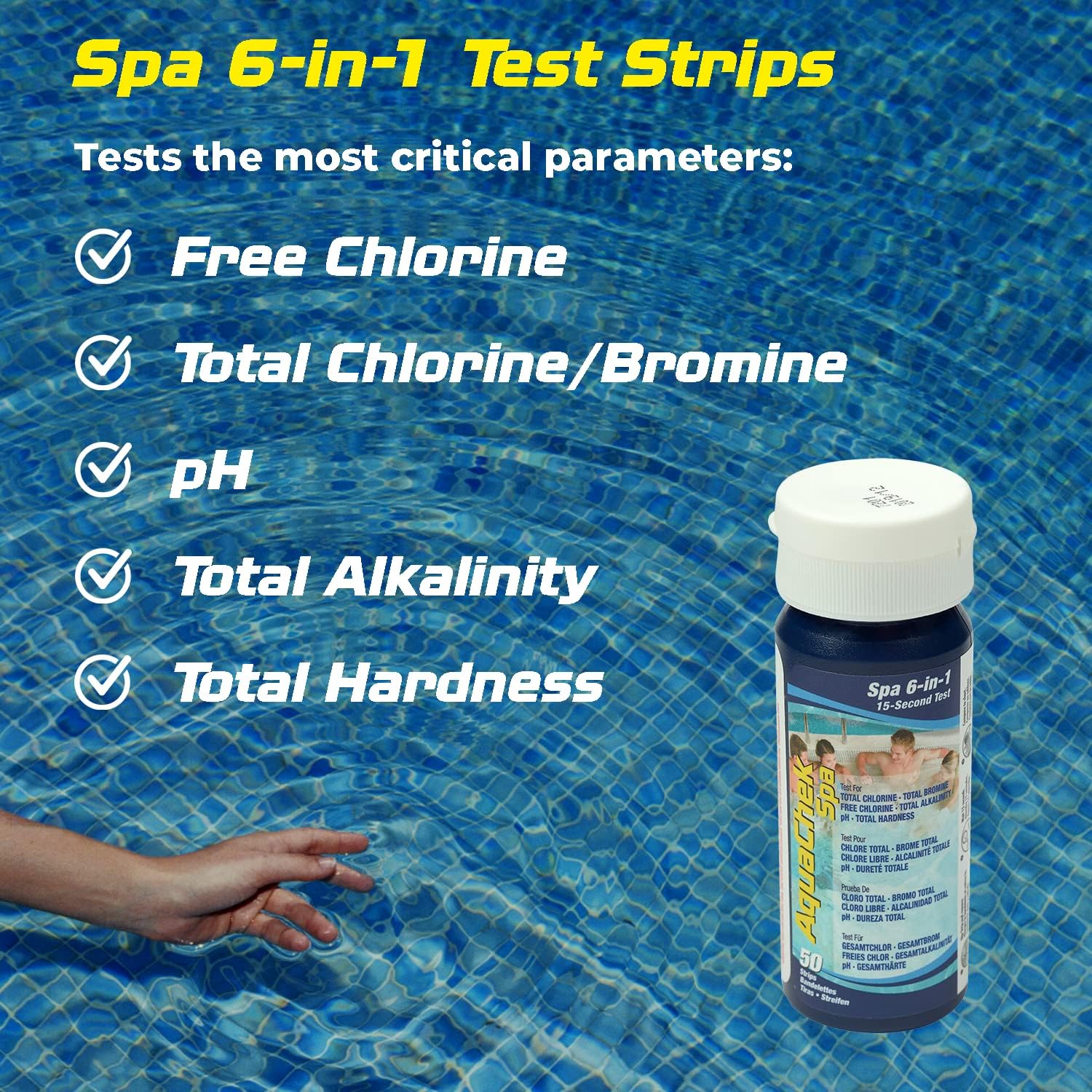 Aquascape Spa 6-in-1 Test Strips with pool water background