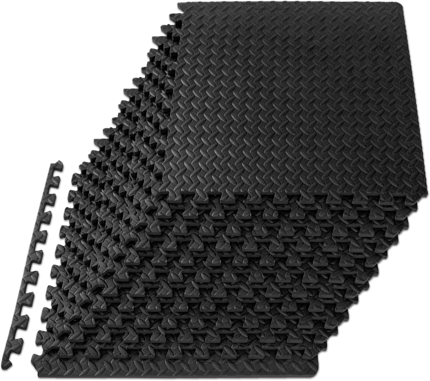 Black interlocking foam mats on a white background