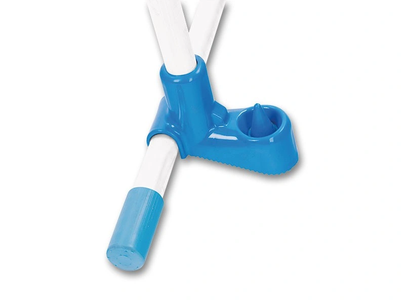 Blue plastic pool skimmer wand connector with white poles and blue handle, shown on a white background.