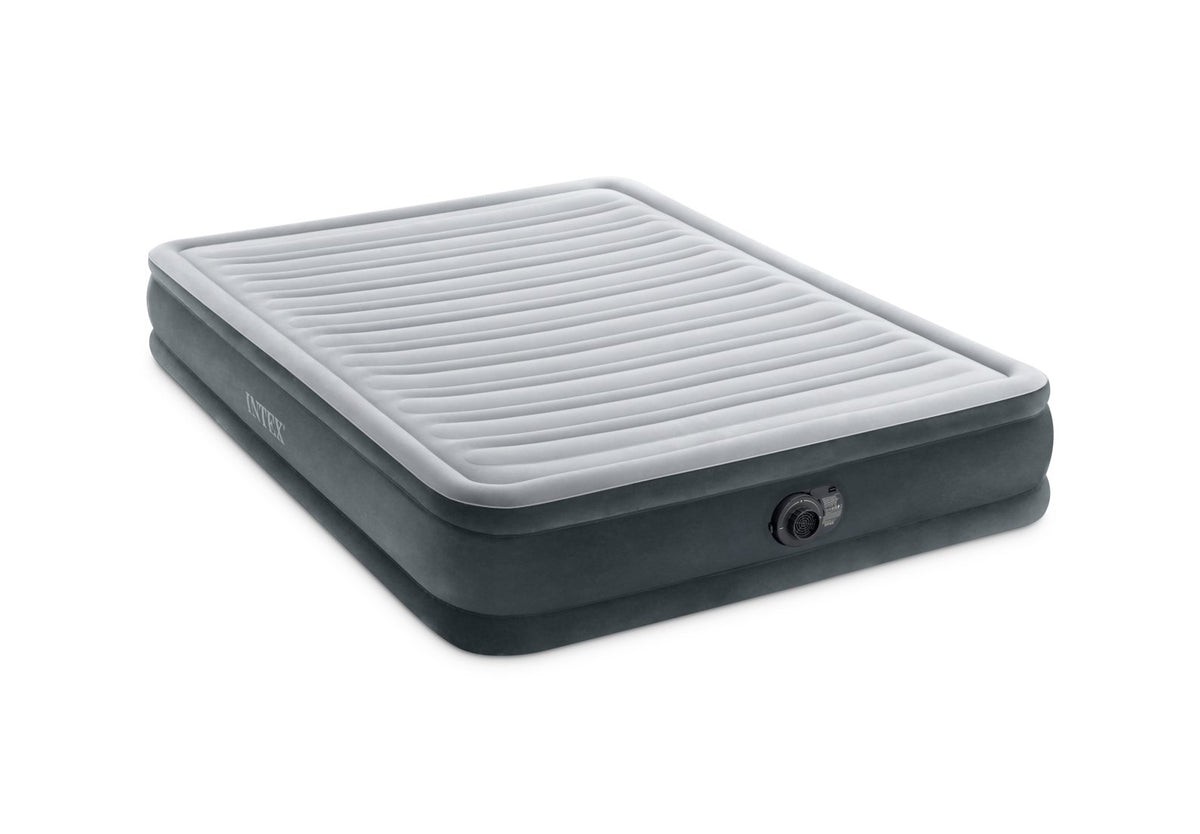 Inflatable air mattress with a gray top and black base on a white background