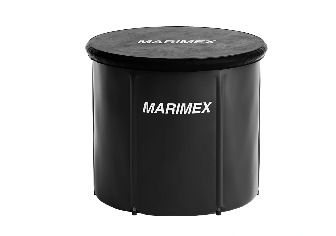 A black cylindrical MARIMEX cold plunge ice bath with a matching black lid, featuring the white MARIMEX logo on both the lid and the drum body, set against a plain white background.