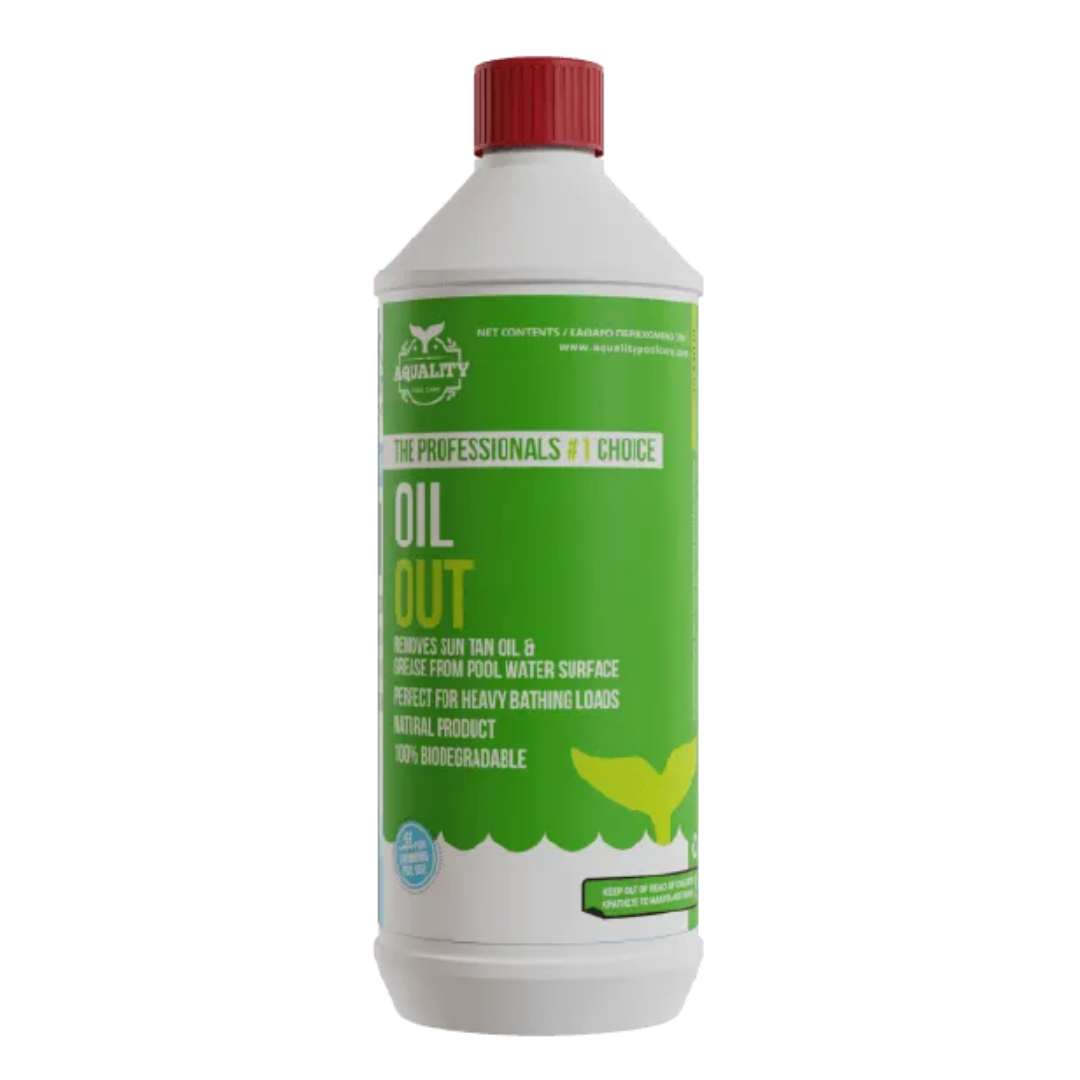 Bottle of 'Oil Out' product with green label on a white background