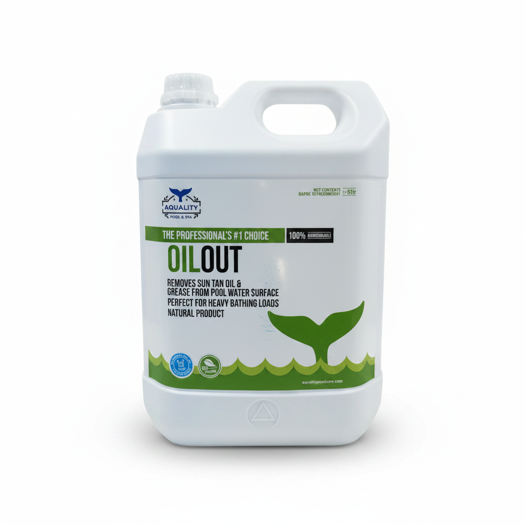 Large container of 'Oil Out' product with branding and text on a white background