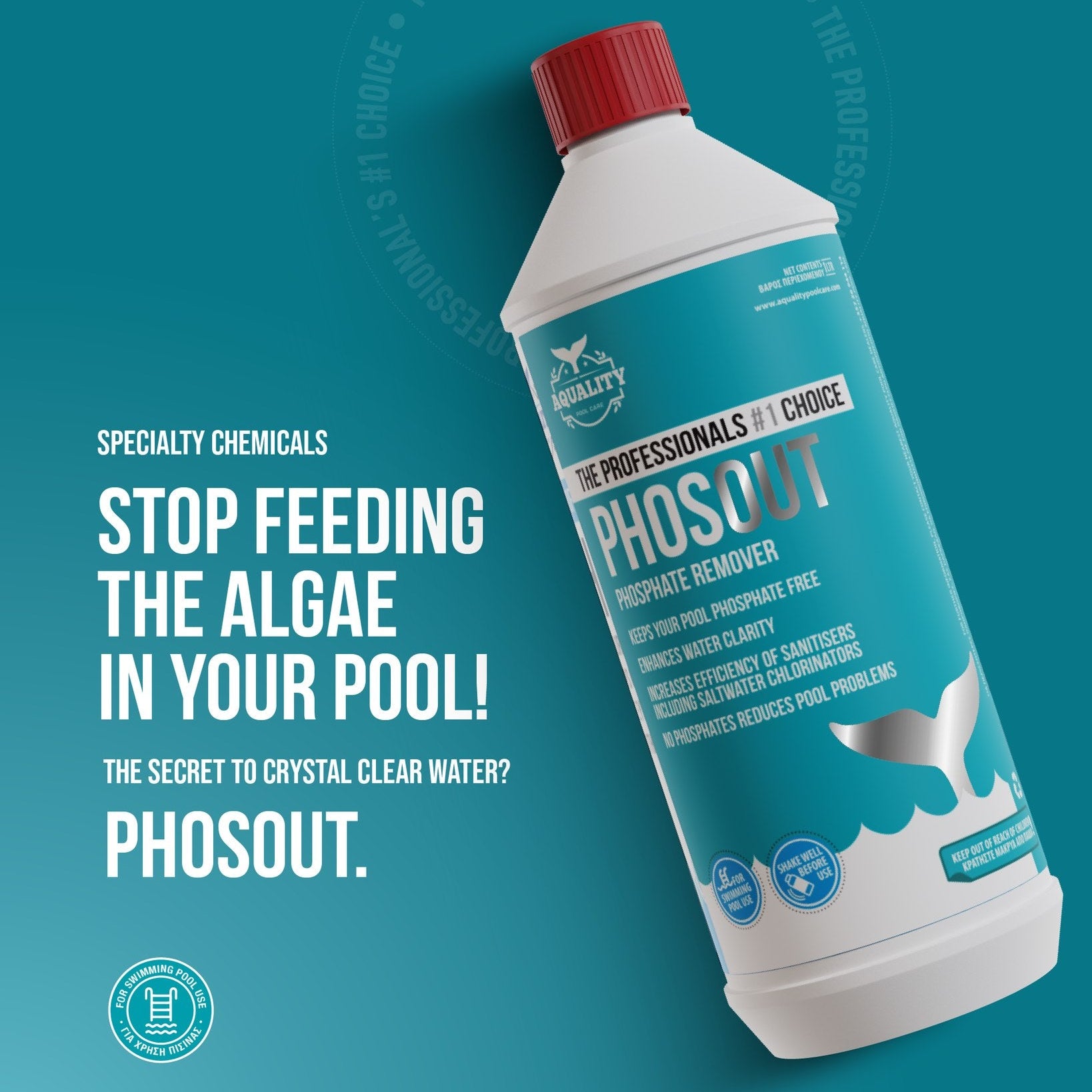 Aquality Phosout pool chemical bottle on a blue background with promotional text.