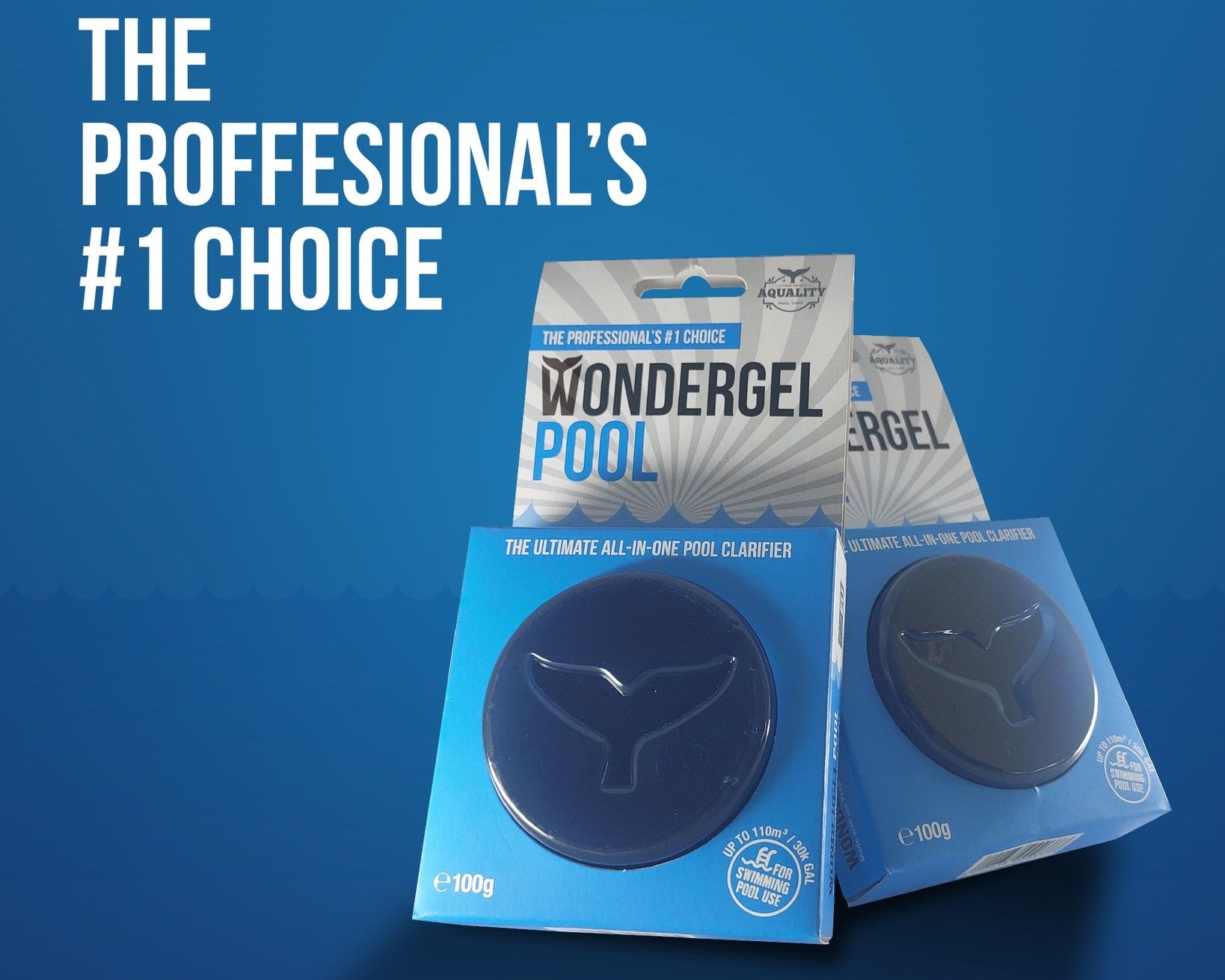 Packaged pool clarifier product with 'Wondergel Pool' branding on a blue background, featuring Aquality Pool & Spa logo.