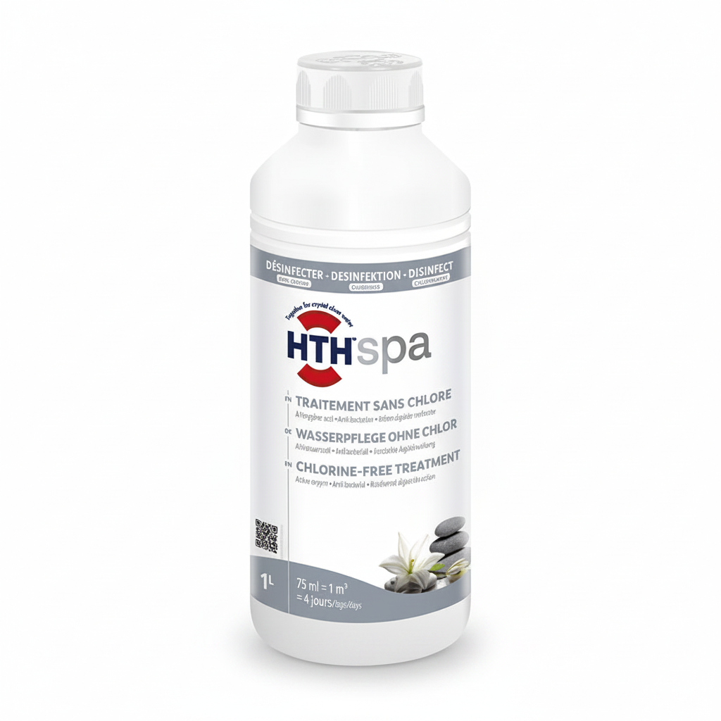 A 1L white bottle of HTHspa chlorine-free water treatment, featuring a white label with red and blue branding and a gray cap, set against a plain white background.