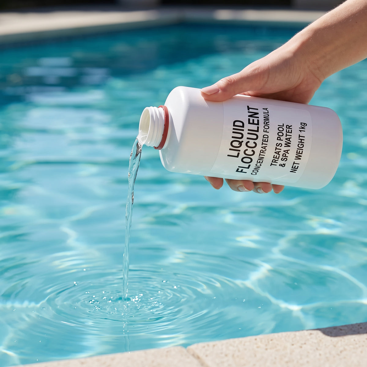 A hand holding a white bottle labeled 'Liquid Flocculent' pours clear liquid into a bright blue swimming pool, with ripples spreading across the water.