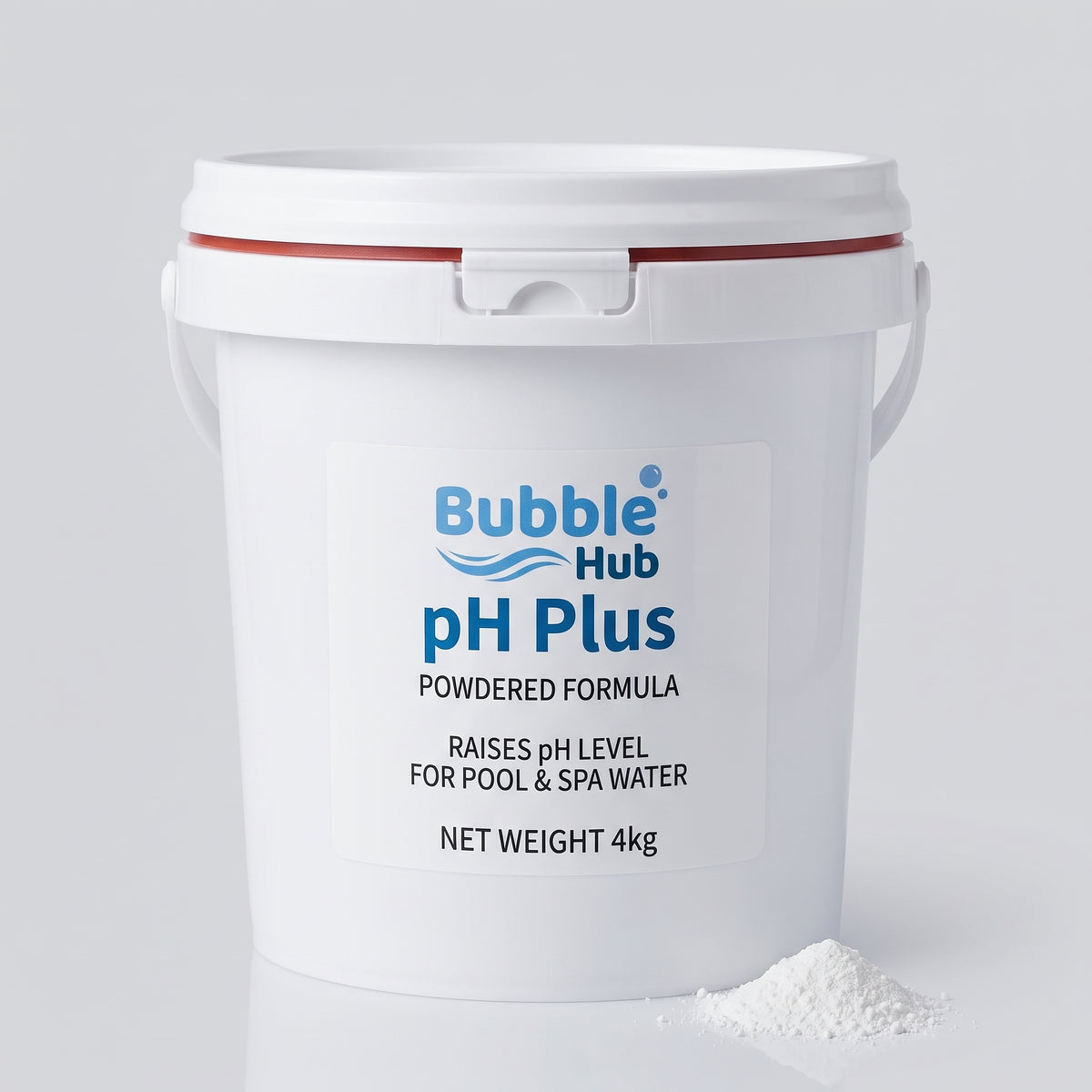 A 4kg white plastic bucket of Bubble Hub pH Plus powdered formula for pool and spa water, with a small pile of white powder in front, on a light gray background.