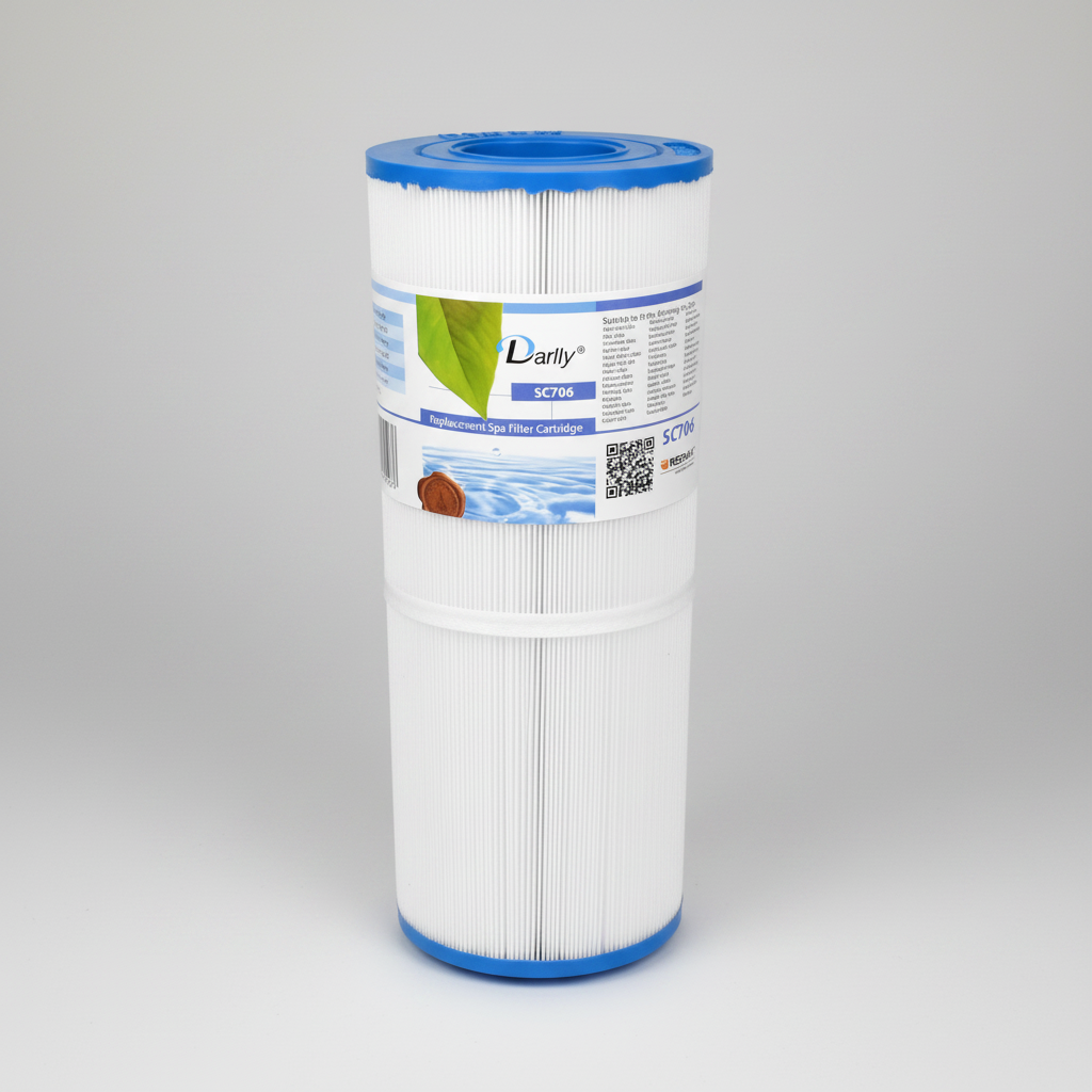 Pool filter cartridge with Darlly branding on a white background