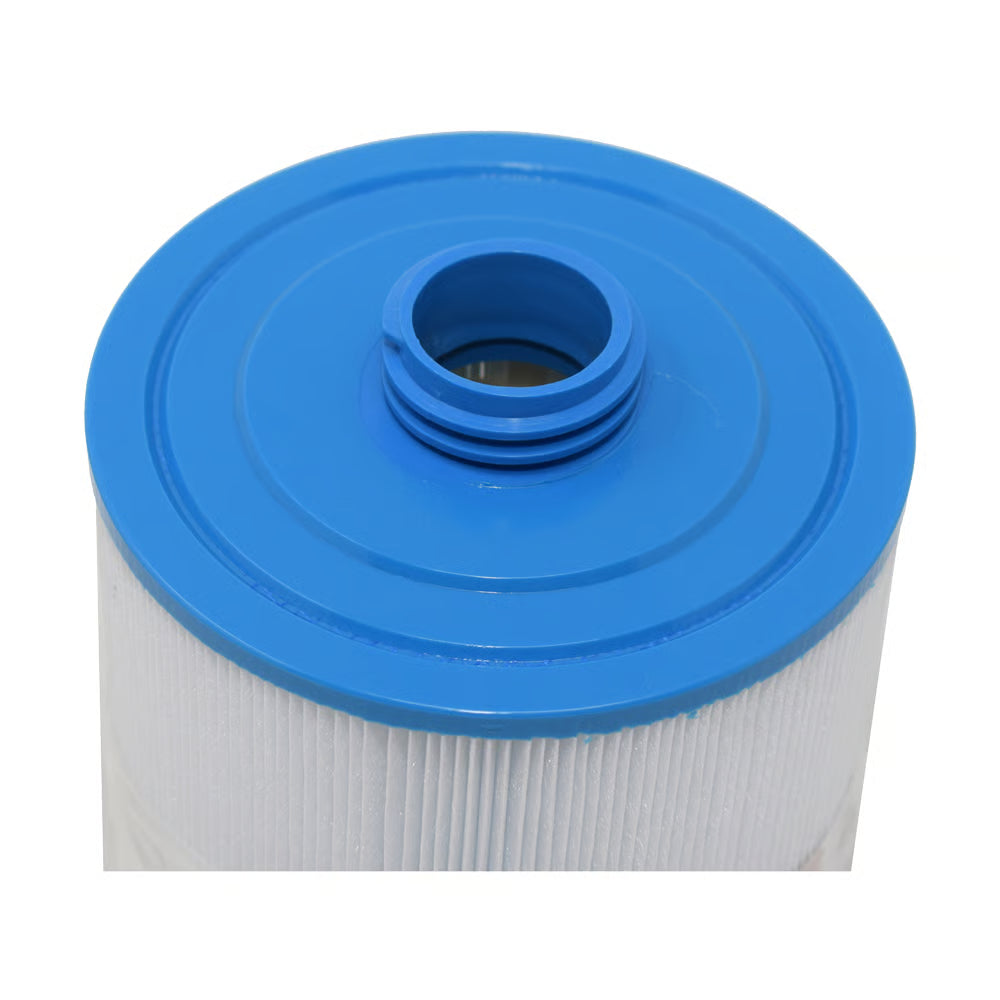 Filter cartridge with blue top and white bottom on a white background