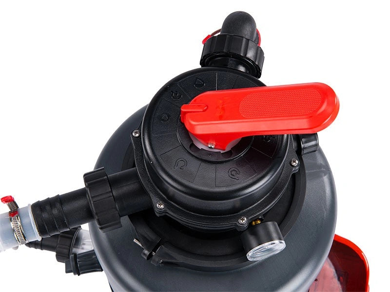 Close-up of a black and red multiport on a white background
