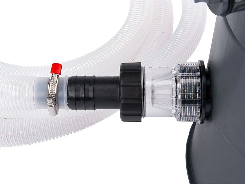 Close-up of a pool pump hose connection with a filter and nozzle on a white background