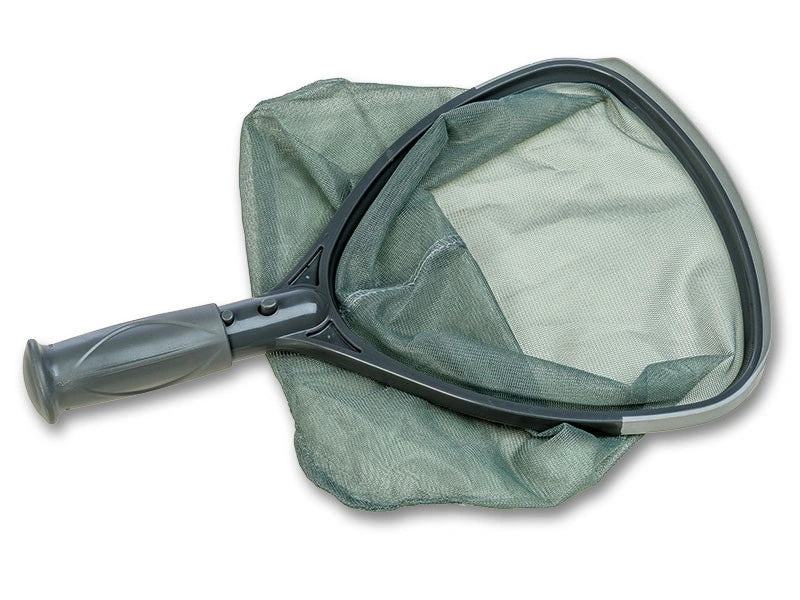 Hot tub net with green mesh and black handle on a white background