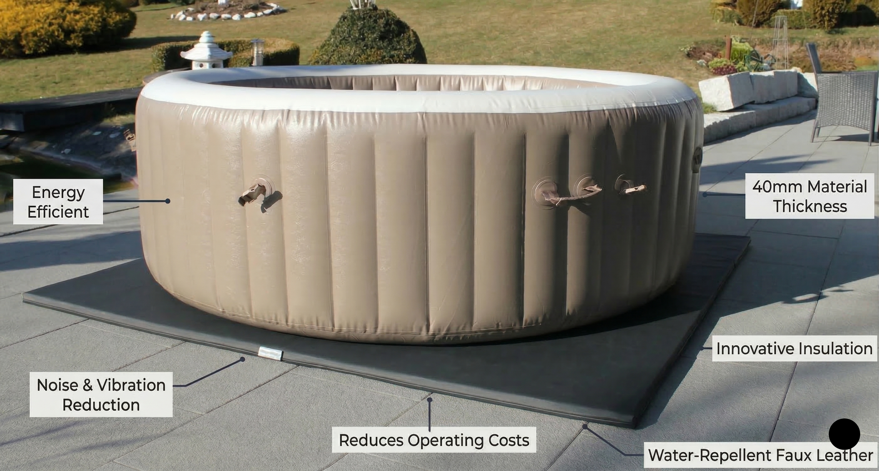 Inflatable hot tub with features highlighted on a patio