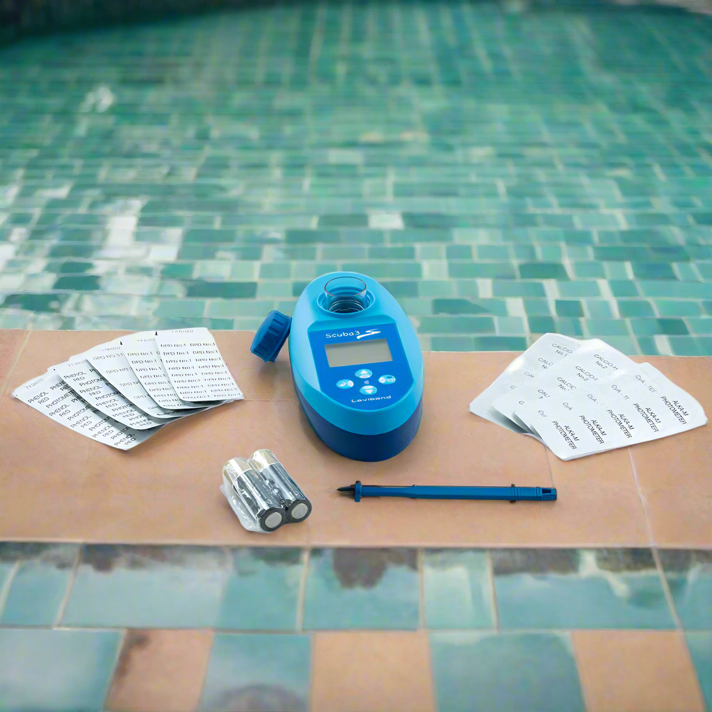 Blue scuba3s pH meter with batteries, test strips, and a tool on a white background