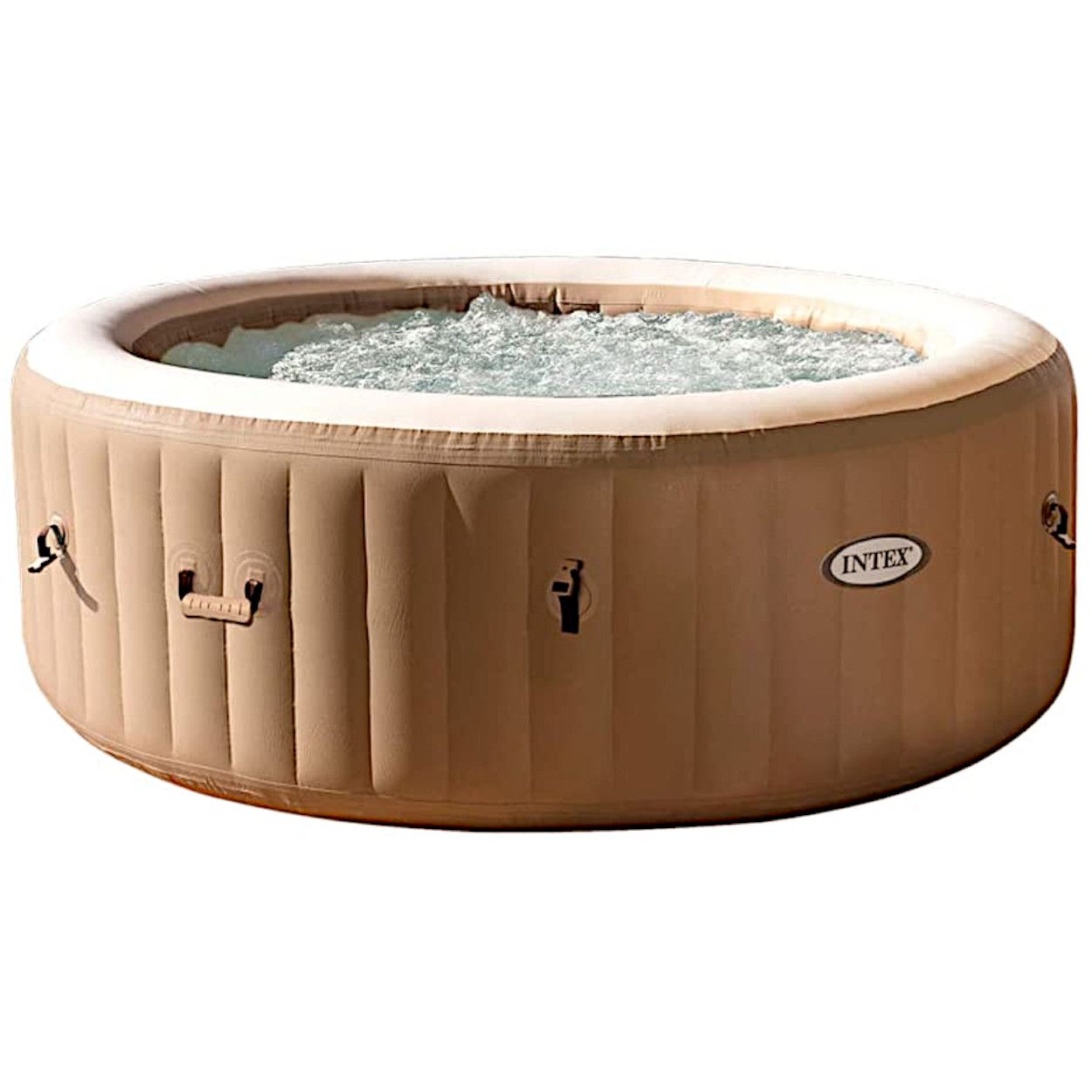 Inflatable hot tub with bubbles on a white background, featuring the Intex brand.