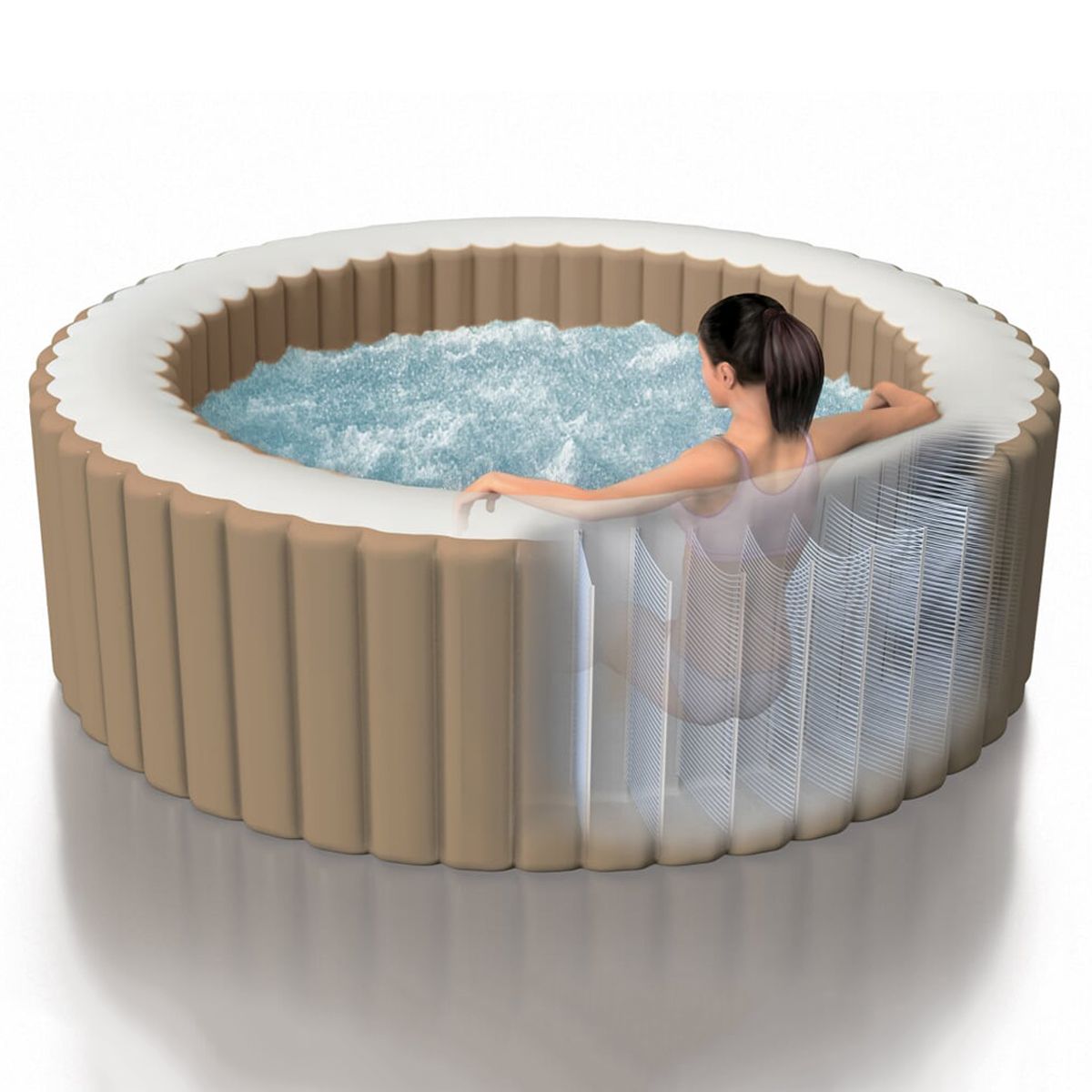 Inflatable hot tub with a person relaxing inside on a white background
