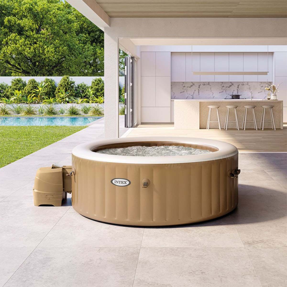 Intex PureSpa Bubble Massage 4-Person Round Inflatable Hot Tub Tan