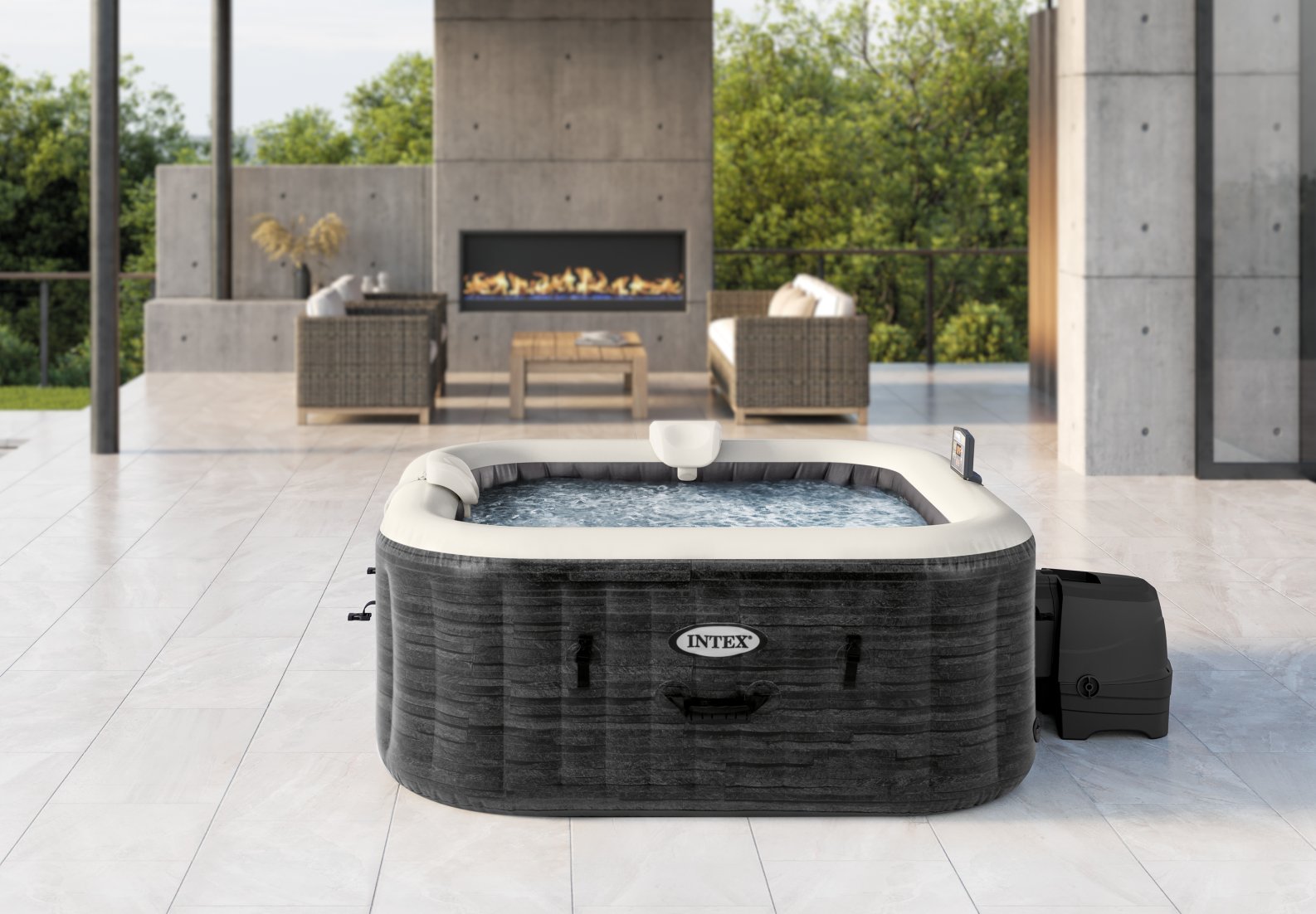 Intex PureSpa Greywood Deluxe 4-Person Square Inflatable Hot Tub Bubble Spa