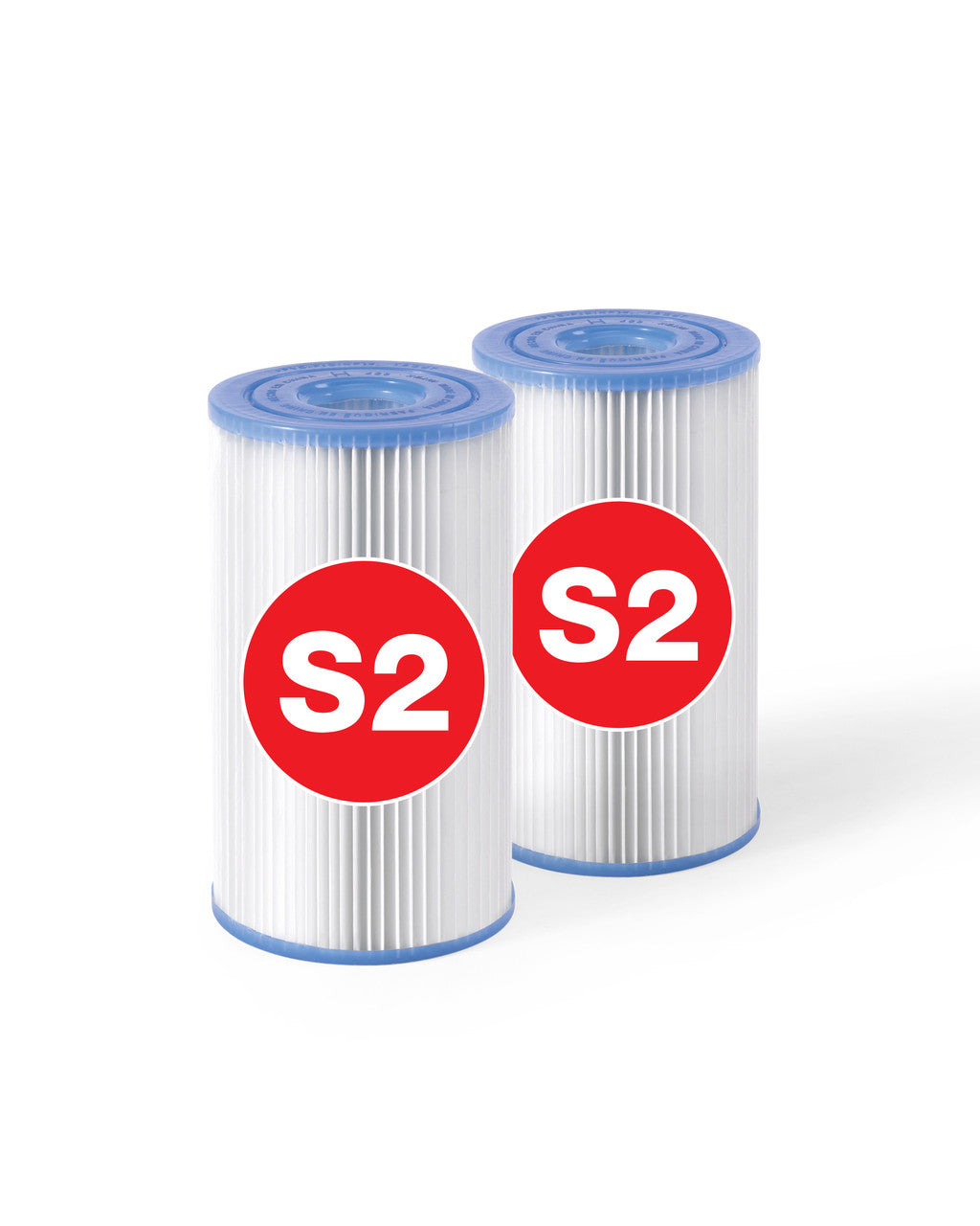 Two cylindrical filters with blue tops and red 'S2' labels on a white background