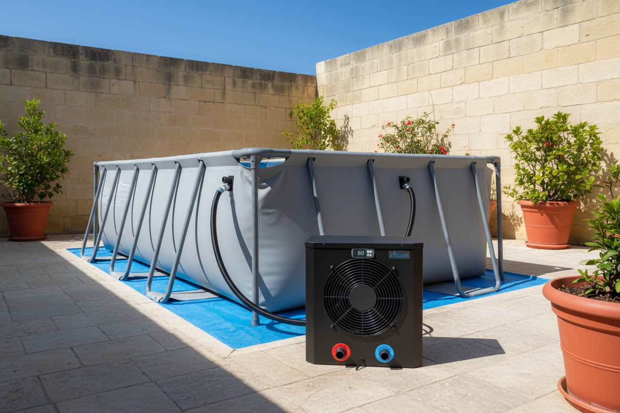 A small pool heat pump connected with an above ground pool in a Maltese backyard.
