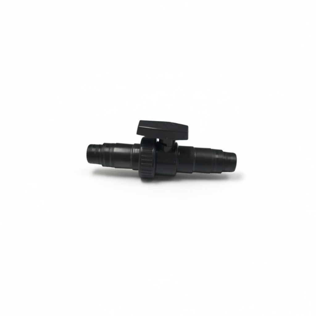 A small black plastic inline connector with a T-shaped valve or filter component, shown on a plain white background.