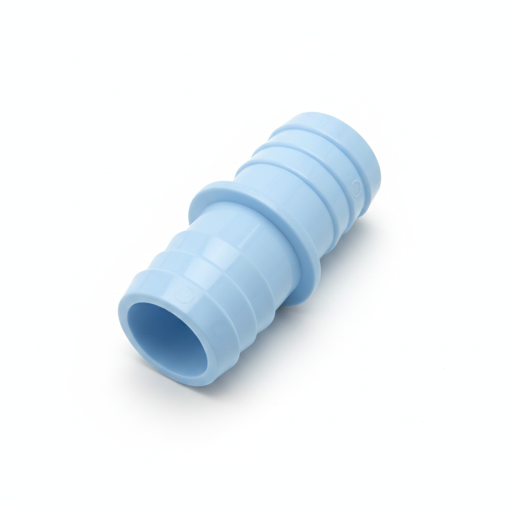Light blue pool hose fitting on a white background