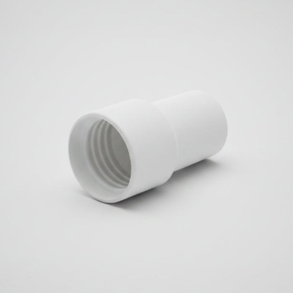A white plastic threaded pipe connector fitting on a solid white background.