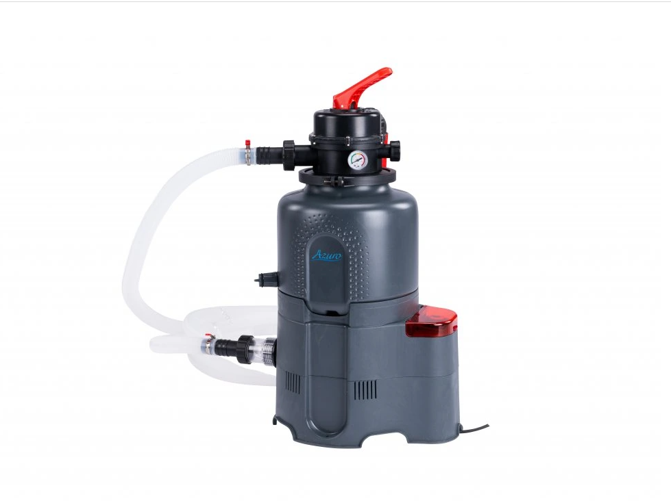 Gray pool filter with red and black components on a white background