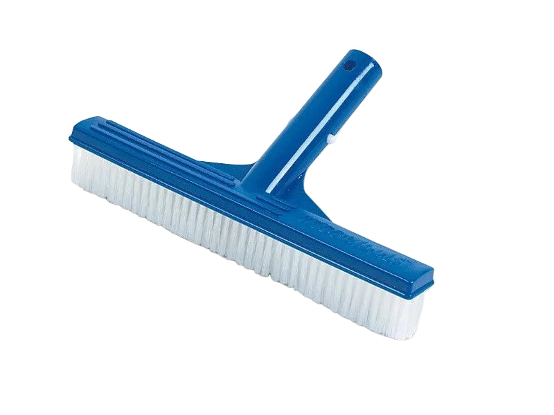 Blue pool brush with white bristles on a white background