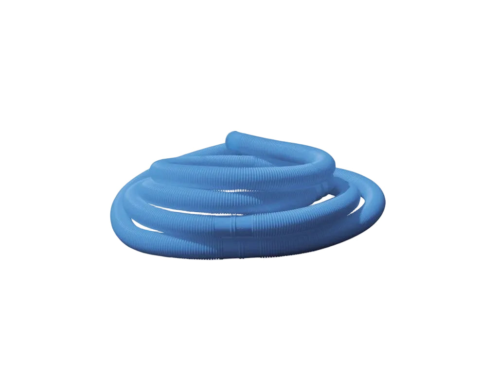 Coiled blue pool hose on a white background