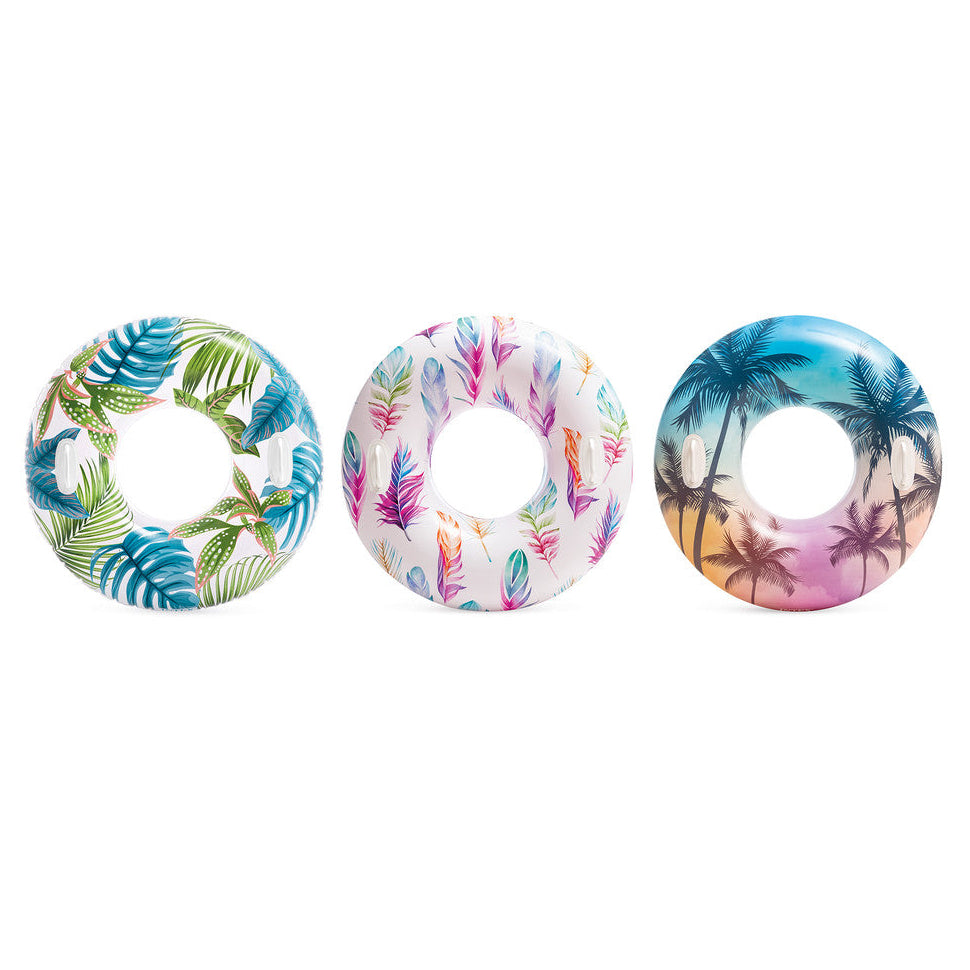 Three inflatable rings with tropical leaf patterns on a white background