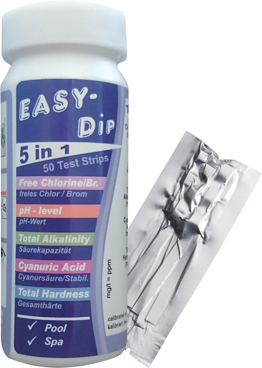 Easy-Dip 5 in 1 pool test strips container with a test strip on a white background