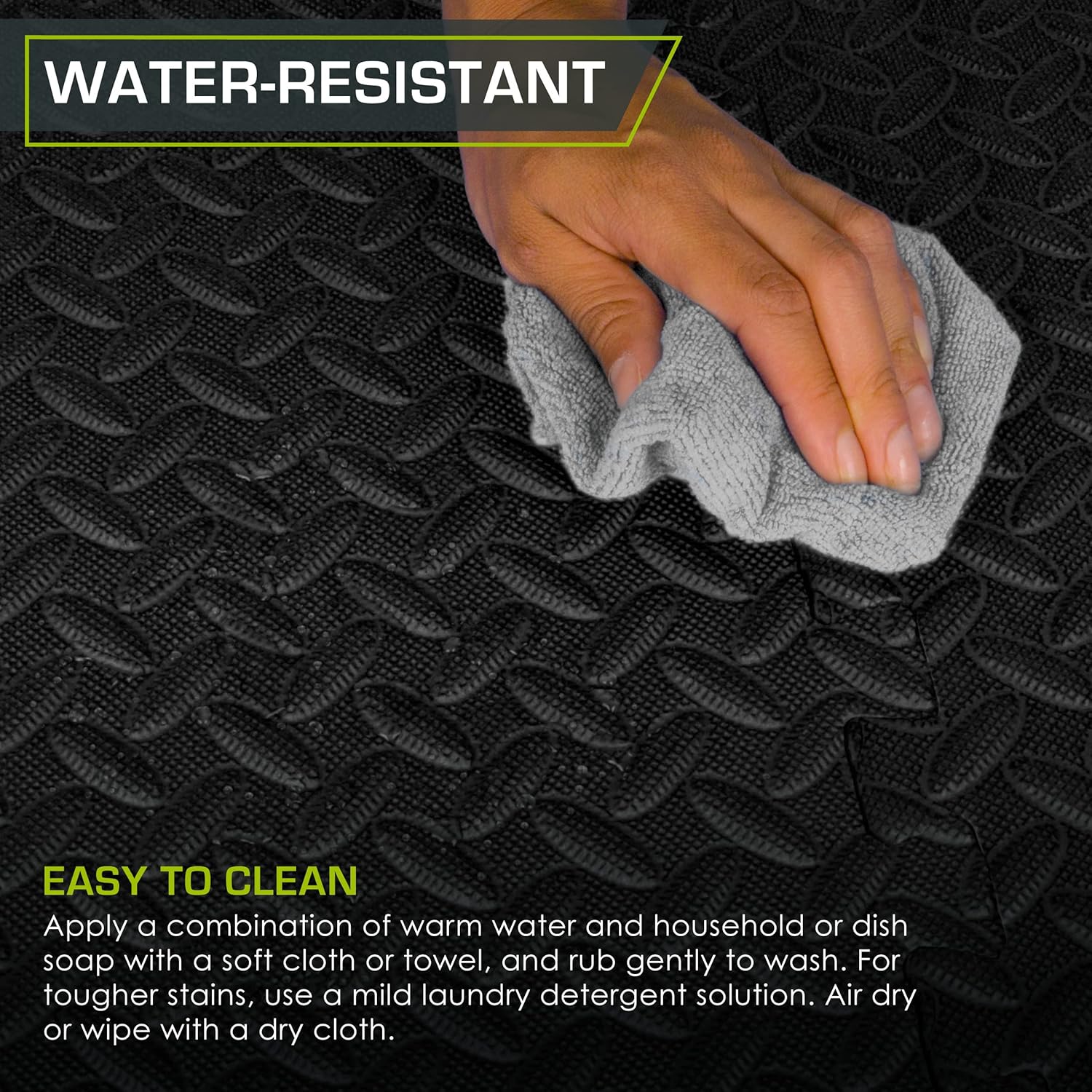 Hand cleaning a textured black surface with a gray cloth, text indicating water-resistant and easy to clean properties.
