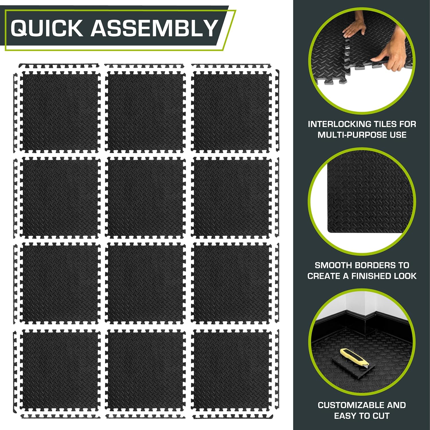 Black interlocking foam tiles with assembly instructions on a gray background