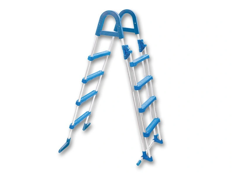 A blue and silver aluminum pool ladder shown folded open against a plain white background.