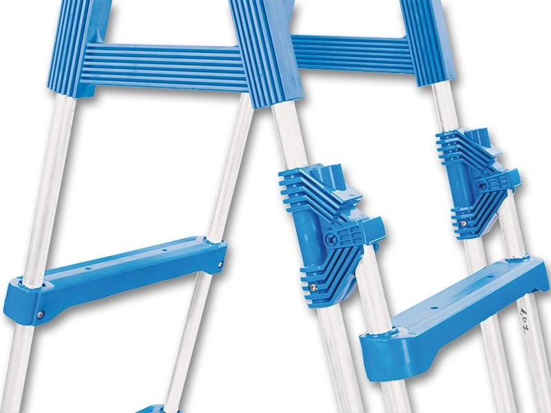 Close-up of a step ladder with blue plastic hand grips and footrests, white metal side rails, and blue locking clamps on a plain white background.