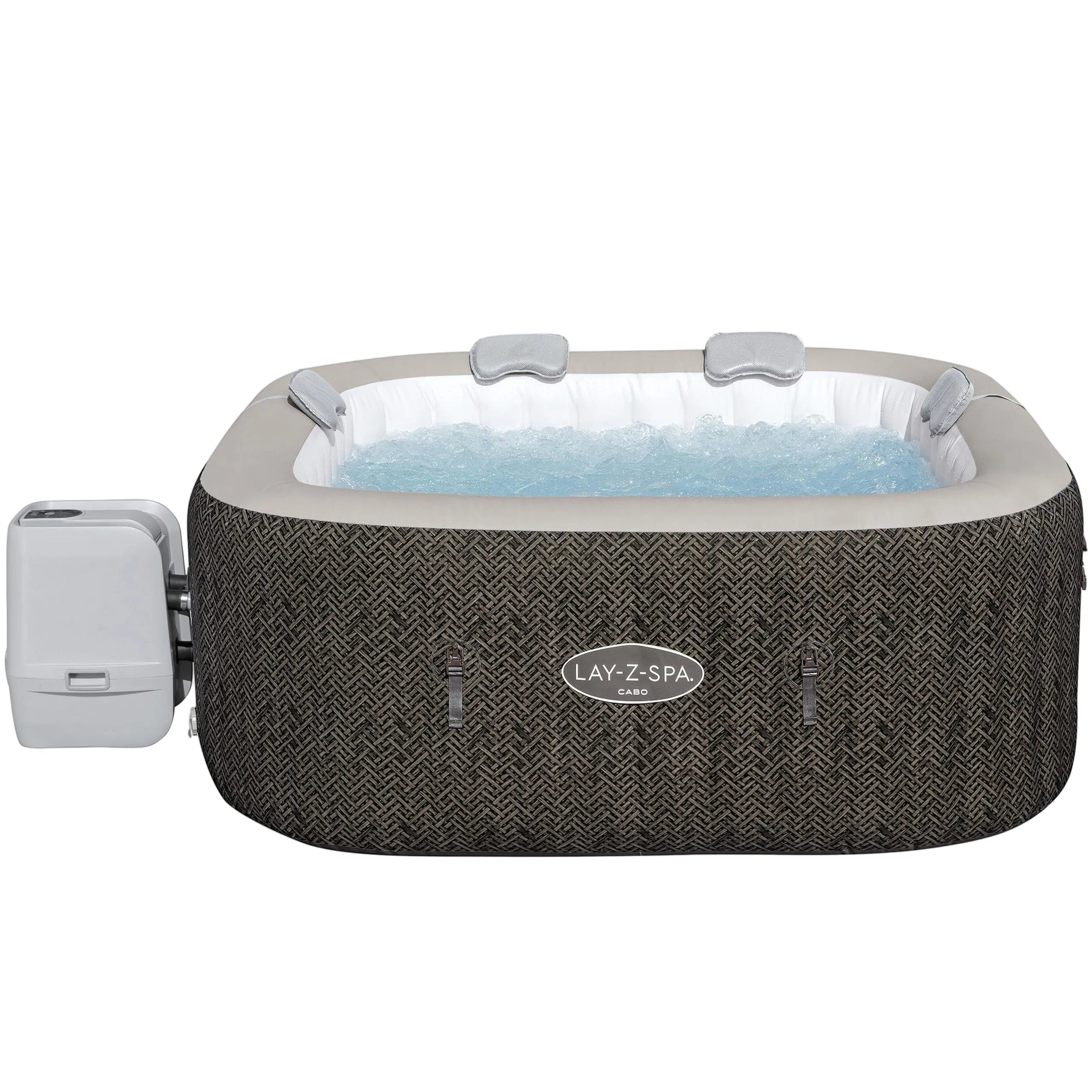 Inflatable hot tub with gray exterior and white interior on a white background