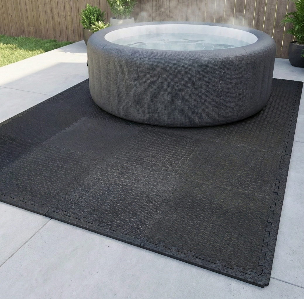 Gray inflatable hot tub on a black mat outdoors