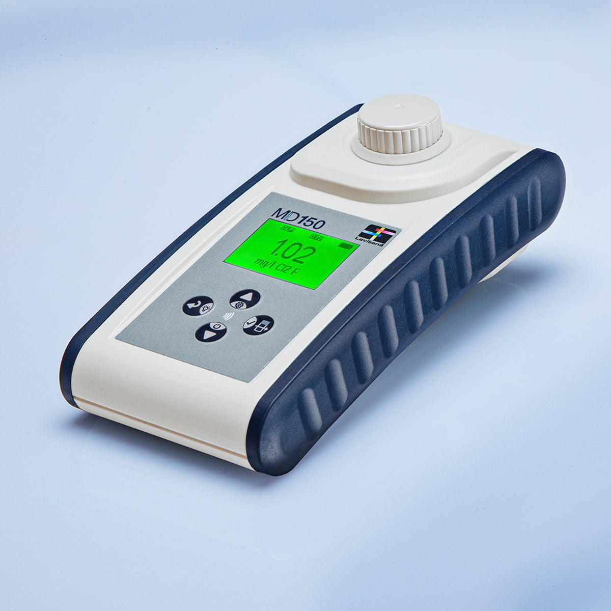 A handheld digital meter device with a cream-colored body, dark blue textured grips, a silver control panel, and a green LCD screen, shown on a light blue background.