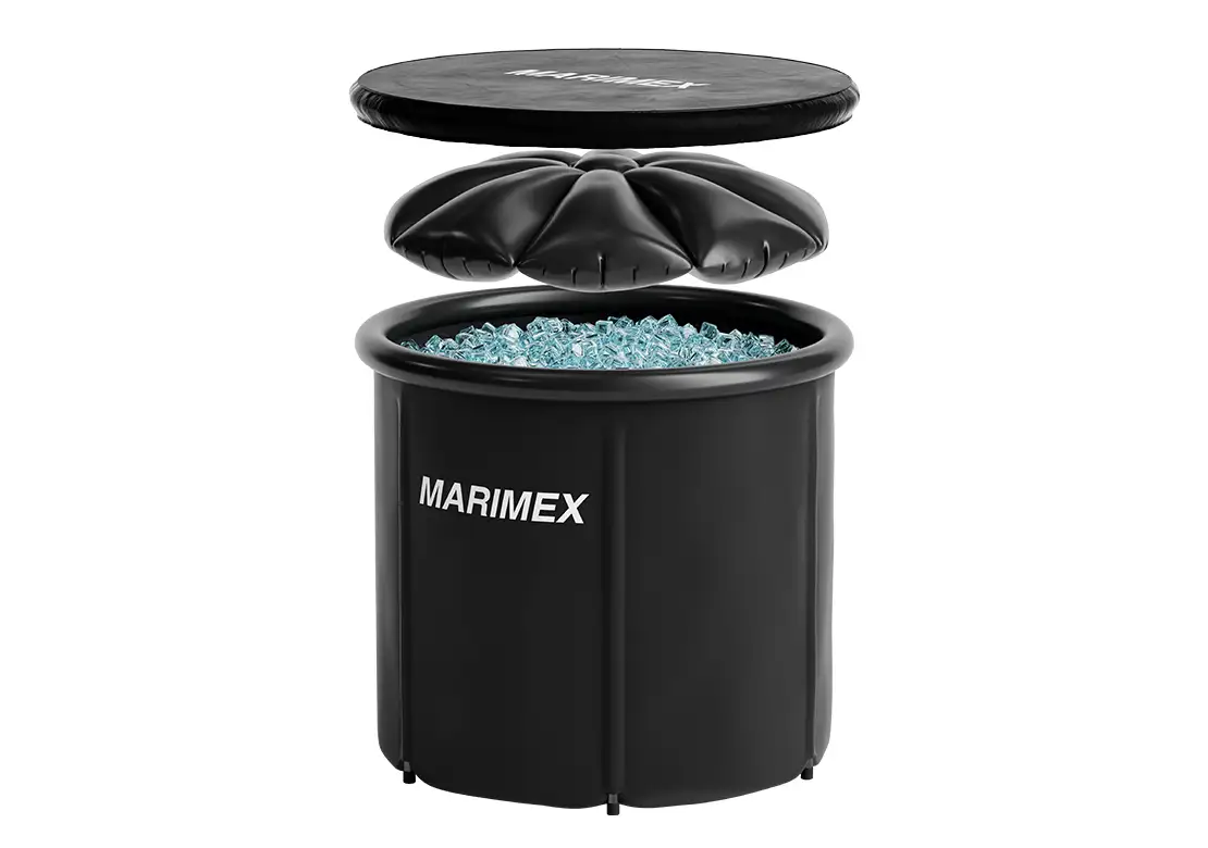 Black MARIMEX cold plunge tub with open lid on a white background