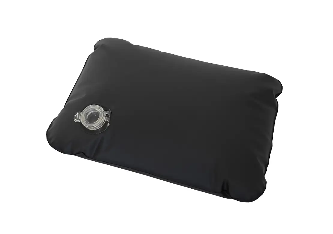 A black inflatable pad with a clear valve port, shown on a plain white background.