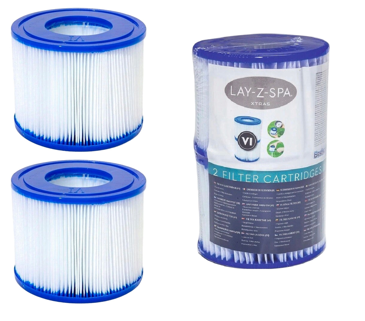 Two Lay-Z-Spa filter cartridges with packaging on a white background