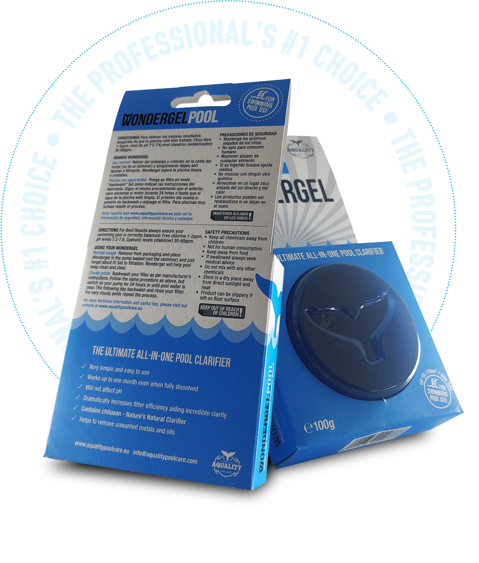 Blue pool clarifier packaging with text on a white background