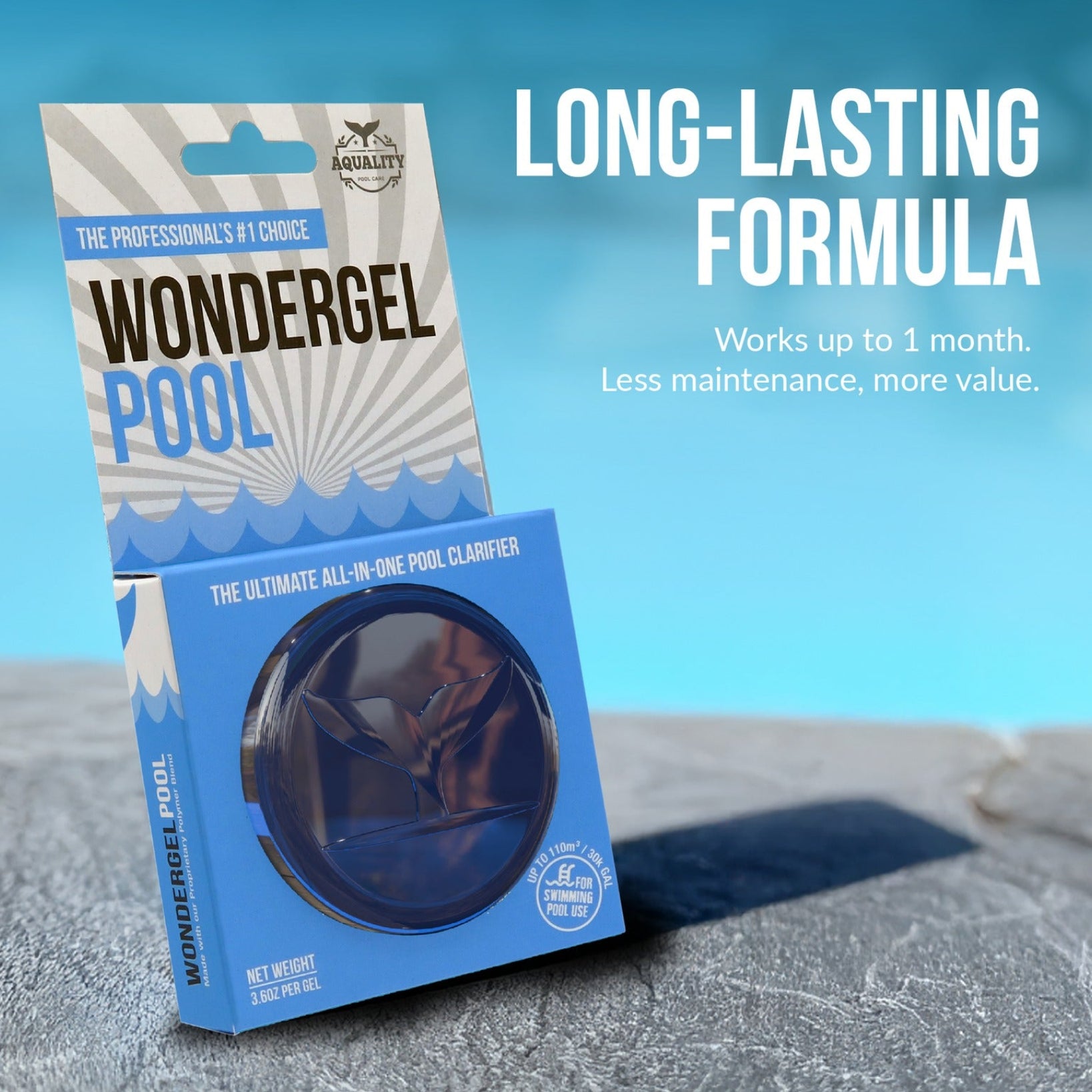 Aquality pool care product packaging with 'Wondergel Pool' on a blue background