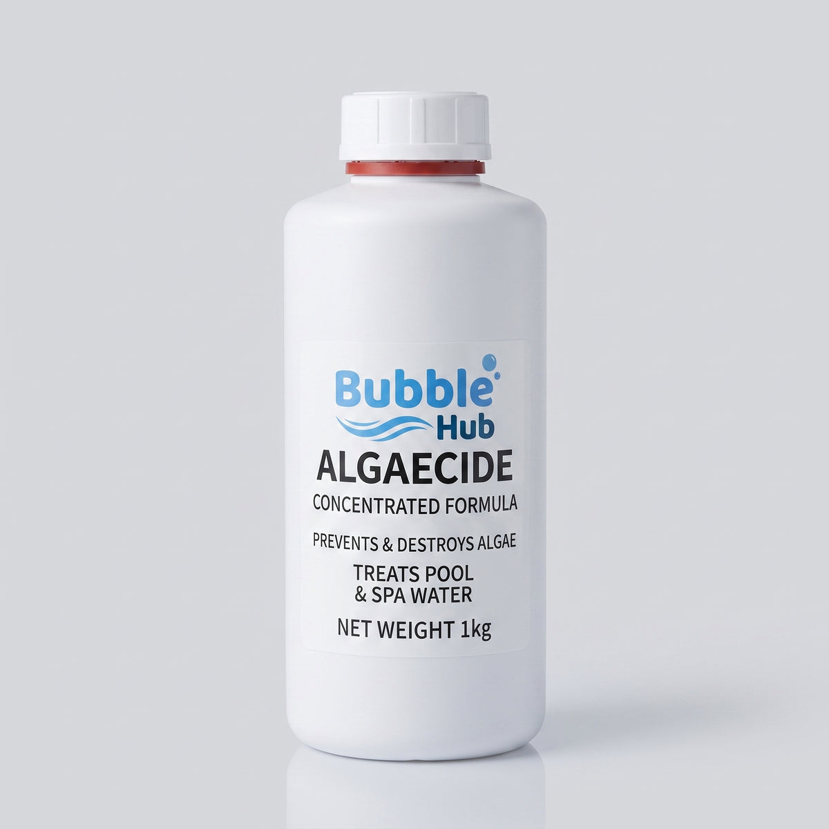 A 1kg white plastic bottle of Bubble Hub Algaecide concentrated formula, featuring a white cap and a label with blue and black text, set against a light gray studio background.